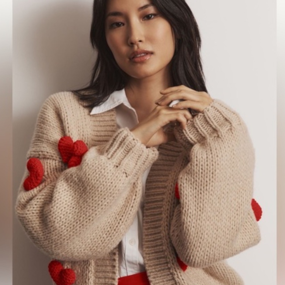 Maeve Beige Cardigan with Red Accents